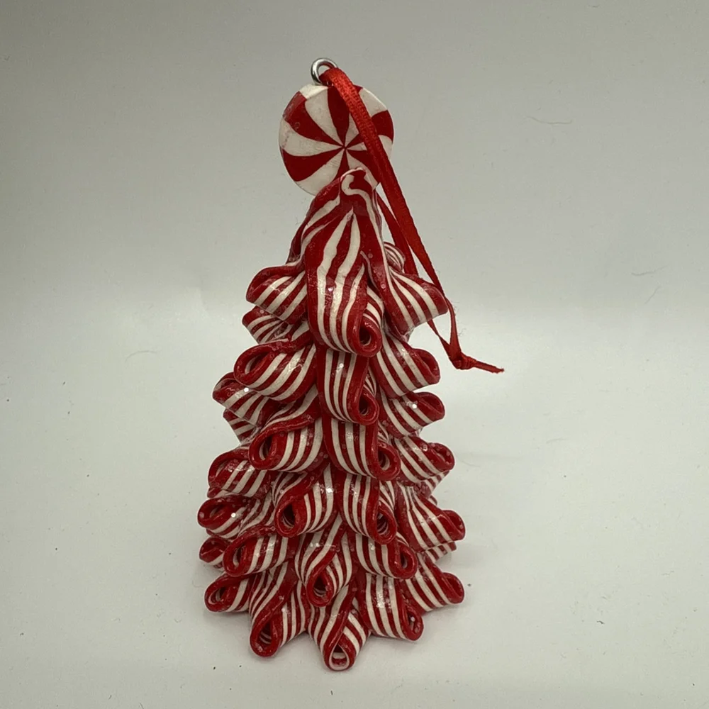Peppermint Ribbon Swirl Candy Cane Christmas Tree Ornament Sparkly Glitter 4.5